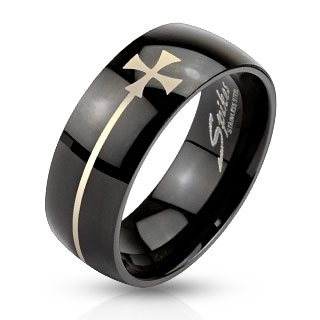 Bague homme noire en acier avec croix de Malte et liser