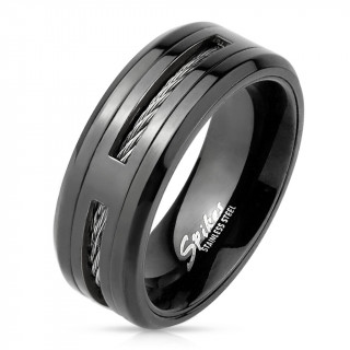 Bague homme noire en acier avec encoches et filins