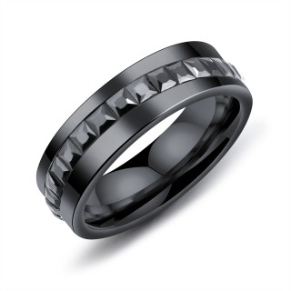 Bague homme noire en acier  bande de pierres carres