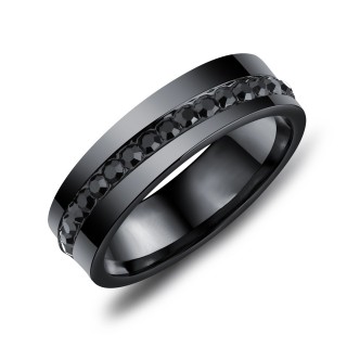 Bague homme noire en acier  bande de pierres en diagonale