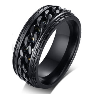 Bague homme noire en acier  chaine et entailles