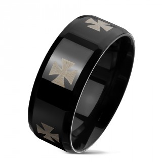 Bague homme noire en acier  croix de malte