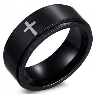 Bague homme noire en acier  croix sur bandeau tournant