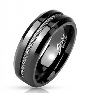 Bague homme noire en acier  encoche avec cable mtallique