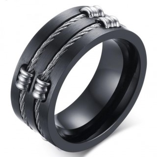 Bague homme noire en acier  filins et bobines