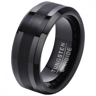 Bague homme noire en Tungstne  bande centrale brosse