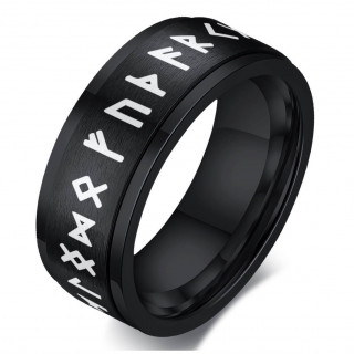 Bague homme noire viking acier  runes graves (bandeau tournant)