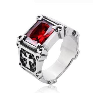 Bague homme templier en acier avec crucifix et pierre carre rouge