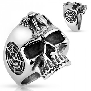 Bague homme tte de mort avec araigne et toiles en acier