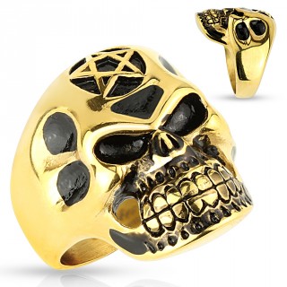 Bague homme tte de mort dore en acier  pentagramme frontal