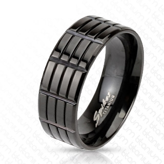 Bague homme titane noire  bandes rainures