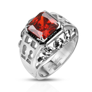 Bague mixte acier avec roses, fleur de Lys et pierre rouge