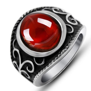 Bague mixte acier  orbe rouge et reliefs de vignes