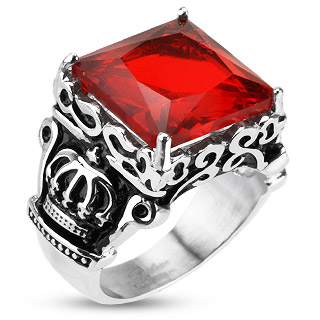 Bague mixte acier style royal  pierre rouge sang