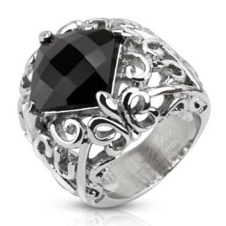 Bague mixte en acier avec fleur de Lys et pierre noire en losange