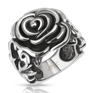 Bague mixte en acier avec rose et coeurs en vignes