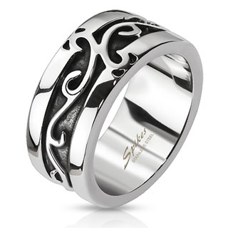 Bague mixte en acier noirci avec vignes en reliefs