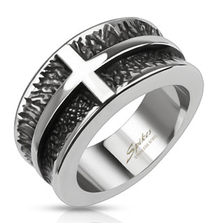 Bague mixte en acier noirci cercle d'une croix