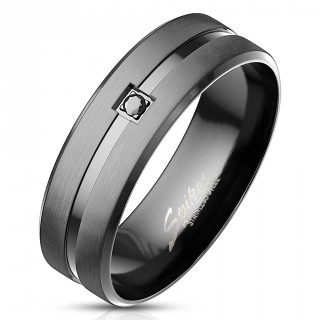Achat Bague noire homme acier a rainure sertie pas cher