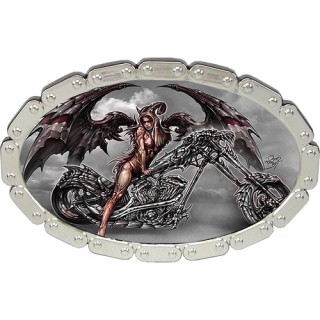 Boucle de ceinture ovale avec ange de la mort sur moto chopper