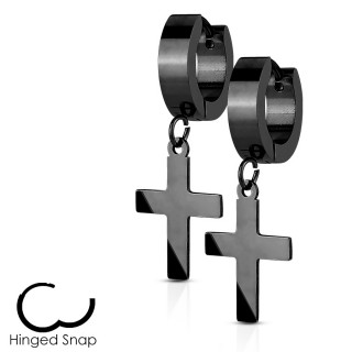 Boucles d'oreille noires acier  pendentif croix