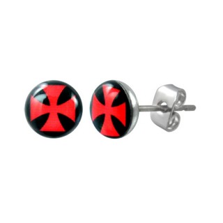 Boucles d'oreilles logo croix de malte rouge sur fond noir