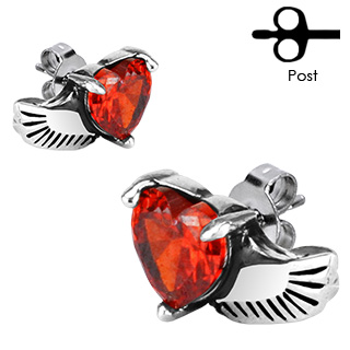 Boucles d'oreilles acier  coeur rouge ail