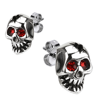 Boucles d'oreilles acier  tte de mort creuse et yeux rouges