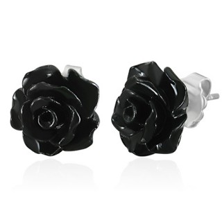 Boucles d'oreilles acier avec rose noire dploye