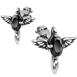 Boucles d'oreilles acier croix ailes  pierre noire