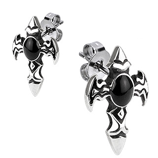 Boucles d'oreilles acier croix tribales  onyx ovale