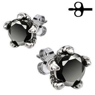 Boucles d'oreilles acier griffes  pierre noire