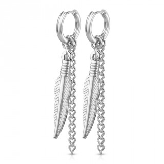 Boucles d'oreille acier inox  pendentifs plume et chainette (paire)