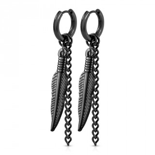 Boucles d'oreille acier noires à pendentifs plume et chainette (paire)