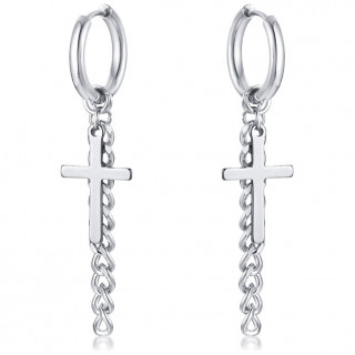 Boucles d'oreilles acier  croix et chane (Paire)