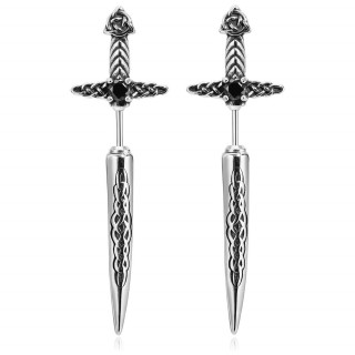 Boucles d'oreilles acier en forme d'pe celtique  pierre noire (Paire)