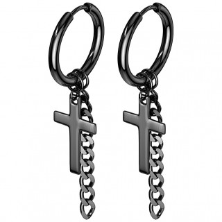 Boucles d'oreilles noires en acier  croix latine et chaine suspendues