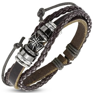 Bracelet  bande et tresses de cuir avec croix de Malte