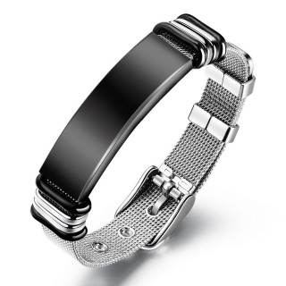 Bracelet acier style ceinture en mailles tisse  plaque noire