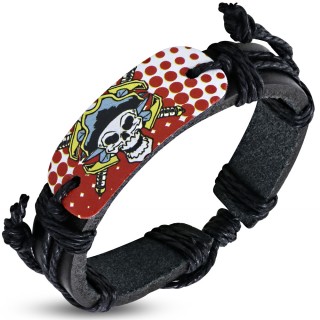 Bracelet corde et cuir avec plaque  crane chef pirate