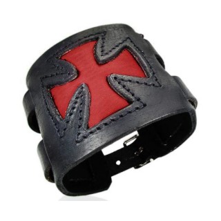 Bracelet cuir  double attache ceinture et croix de malte rouge
