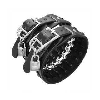 Bracelet cuir double ceinture, chaine et cadenas