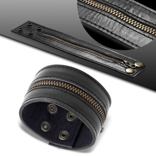 Bracelet cuir noir  zip dco et attaches pressions
