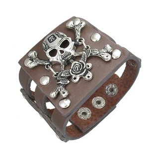 Bracelet cuir tte de mort pirate et rose