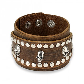 Bracelet en cuir marron aspect us  bande ovale rivete avec inserts tte de mort