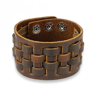 Bracelet en cuir marron aspect us  lanires croises en damier