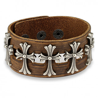 Bracelet en cuir marron d'aspect us  cinq croix celtiques en laiton