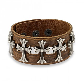 Bracelet en cuir marron d'aspect us  cinq croix celtiques en laiton