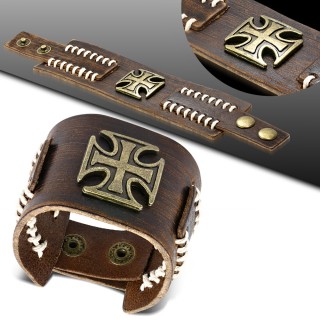 Bracelet en cuir marron patin  croix de Malte mtal