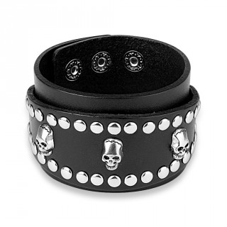 Bracelet en cuir noir  bande ovale rivete avec inserts tte de mort